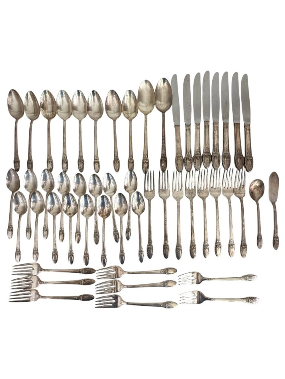 VTG 1847 Rogers Bros First Love Silverplate Flatware 52 PC Set Floral Art Deco